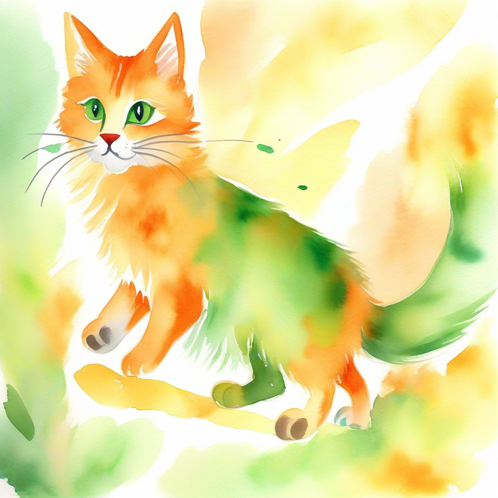 A playful cat with orange fur and green eyes. playing with the kids and following the rules.