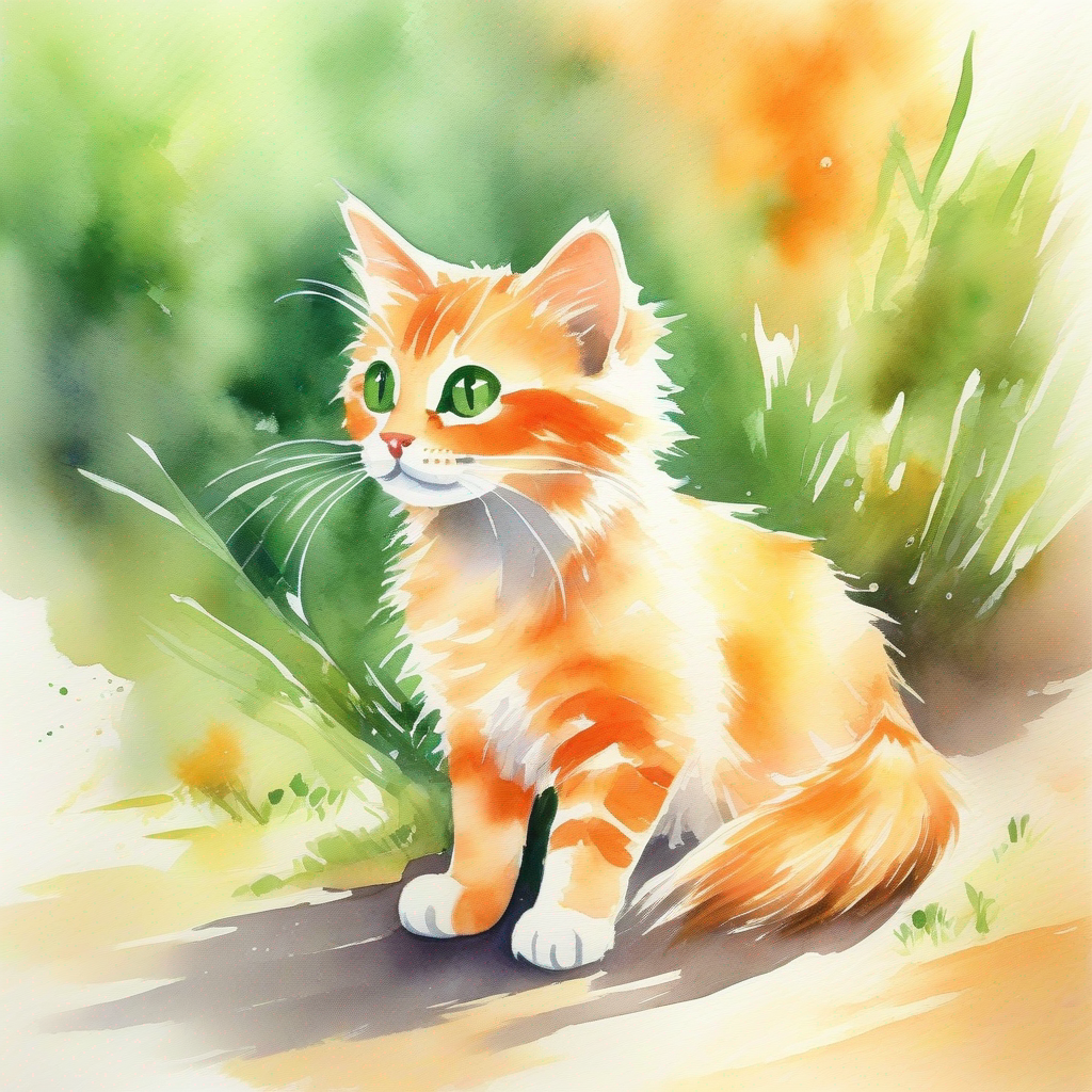 A playful cat with orange fur and green eyes. living happily with the kids in the community.