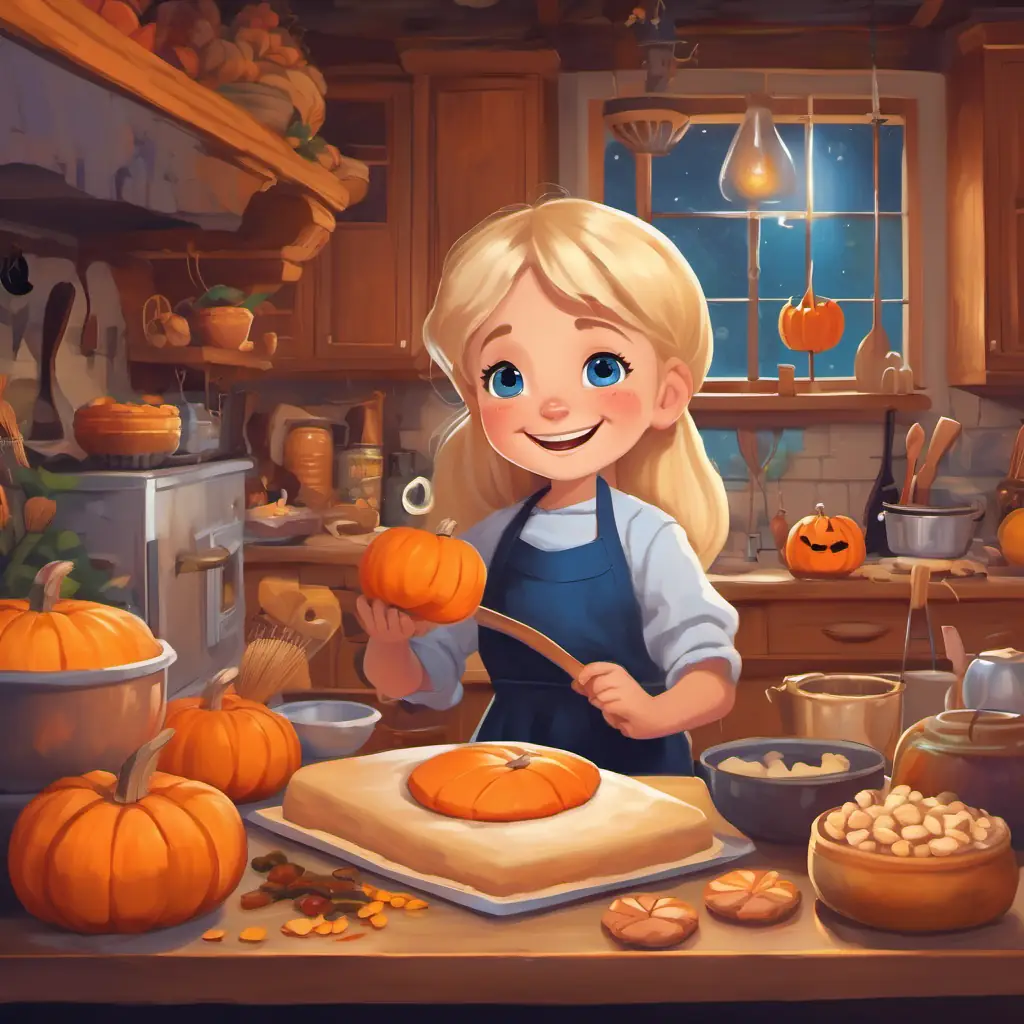 A cozy kitchen with a little girl named Little girl with blonde hair, blue eyes, and a big smile and her grandma, surrounded by baking ingredients and utensils.