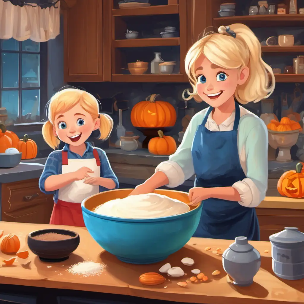 Little girl with blonde hair, blue eyes, and a big smile and her grandma standing near a mixing bowl, with ingredients like flour, eggs, and cocoa powder on the kitchen counter.