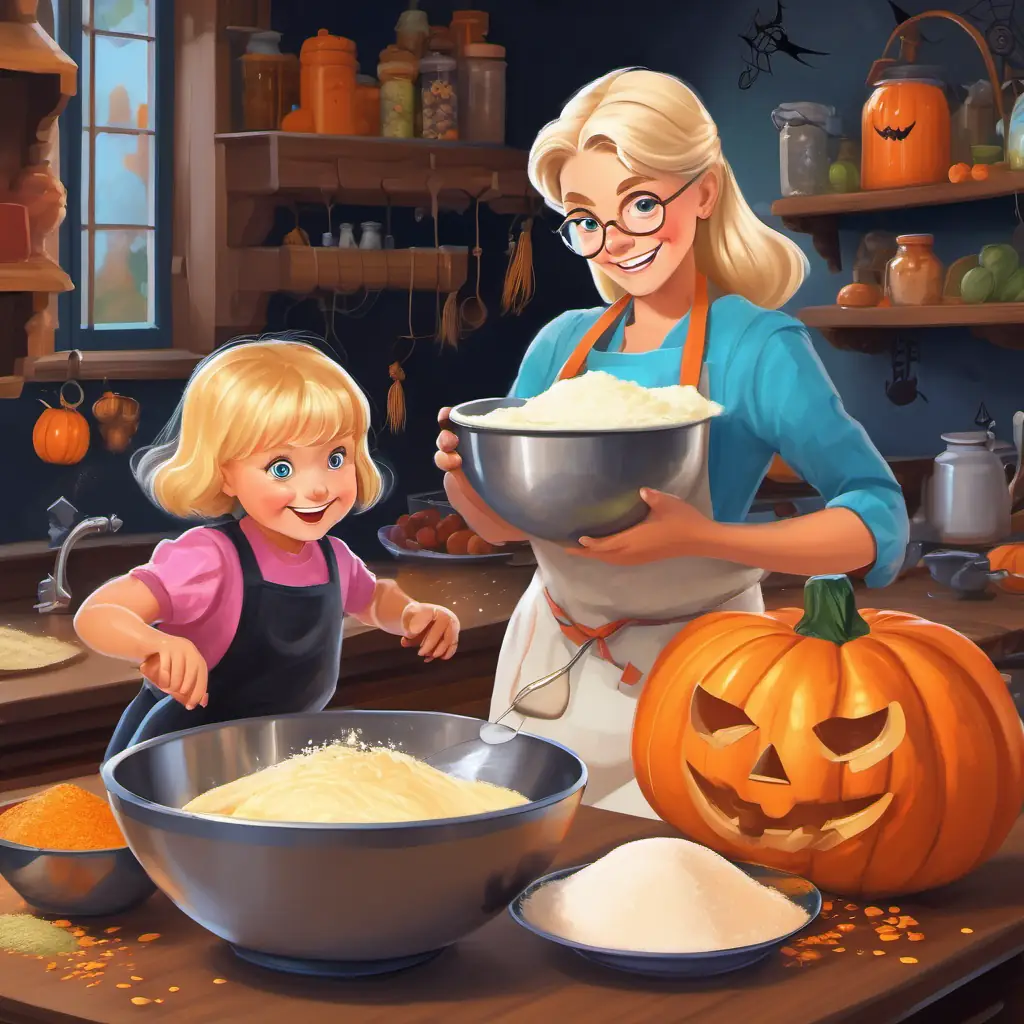 Little girl with blonde hair, blue eyes, and a big smile and her grandma measuring ingredients and pouring them into a mixing bowl, with flour and sugar bags nearby.