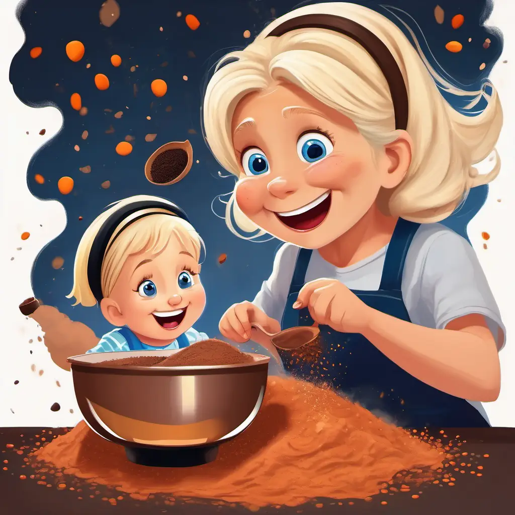 Little girl with blonde hair, blue eyes, and a big smile and her grandma adding cocoa powder to the mixing bowl, surrounded by a cloud of cocoa powder in the air.