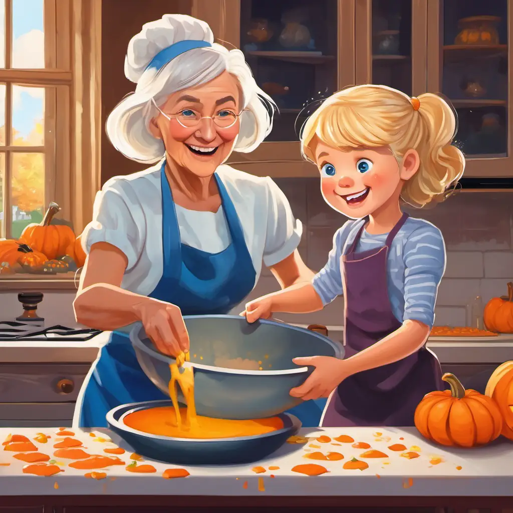 Little girl with blonde hair, blue eyes, and a big smile and her grandma pouring the batter into a baking pan, with the oven in the background showing the cake rising through the window.