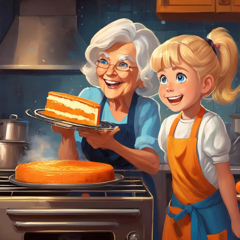 Little girl with blonde hair, blue eyes, and a big smile and her grandma taking out the golden cake from the oven, with steam rising and a cooling rack nearby.