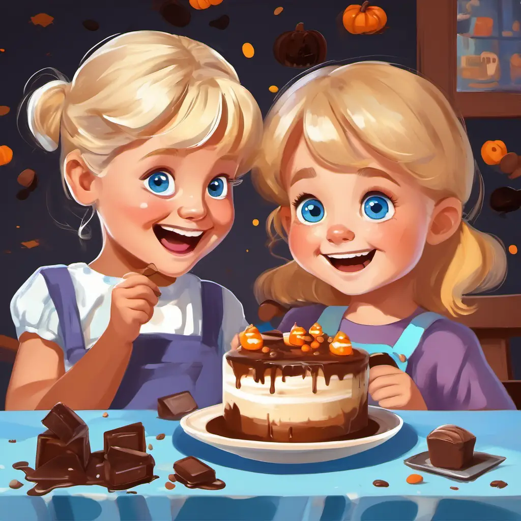 Little girl with blonde hair, blue eyes, and a big smile and her grandma coating cake squares with melted chocolate, with a bowl of chocolate nearby and a mischievous chocolate-smeared smile on Little girl with blonde hair, blue eyes, and a big smile's face.