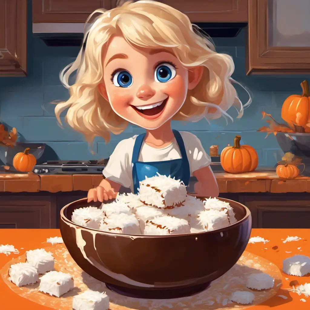 Little girl with blonde hair, blue eyes, and a big smile rolling chocolate coated cake squares in a bowl of coconut flakes, with a plate of completed Lamington cakes nearby.