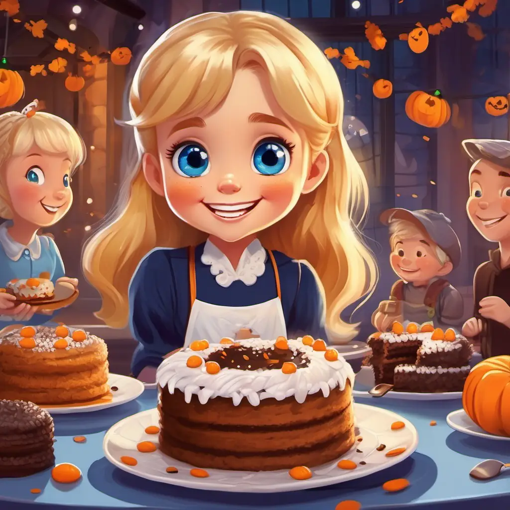 Little girl with blonde hair, blue eyes, and a big smile smiling while offering a plate of Lamington cakes to her family and friends, with happy faces enjoying the cakes in the background.