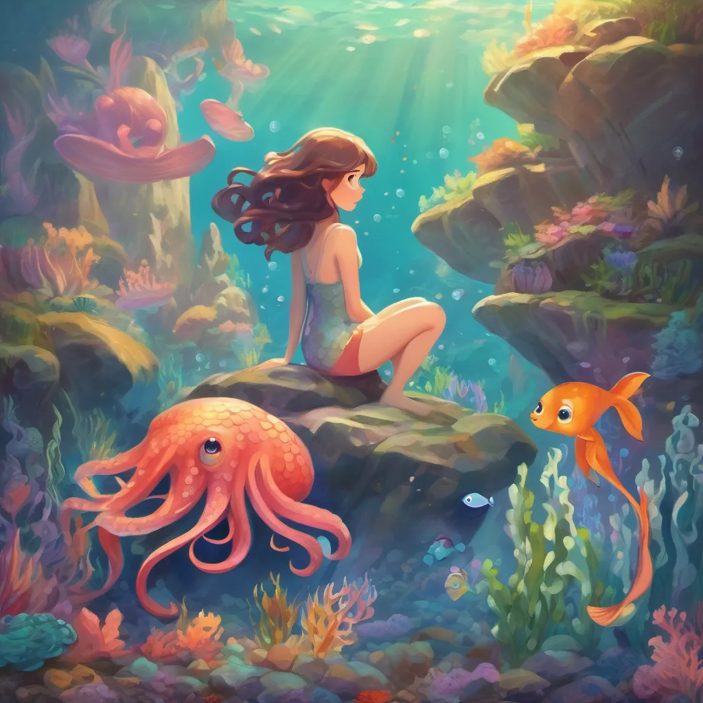 A tender scene with a mermaid approaching a sad octopus sitting on a rock, surrounded by colorful underwater scenery, portraying a sense of care and curiosity.