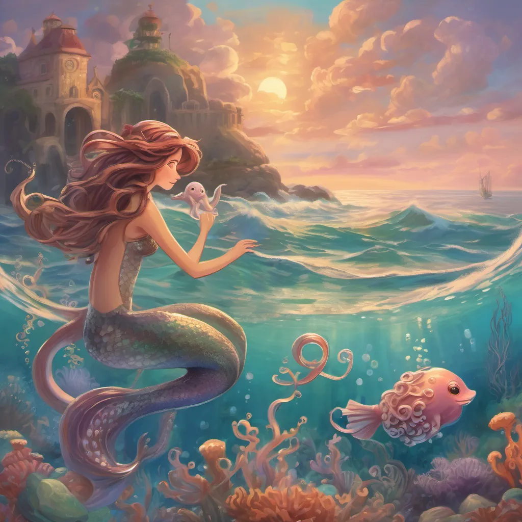 A compassionate mermaid talking to a sad octopus with tangled tentacles amidst an enchanting ocean backdrop, highlighting themes of kindness and concern.