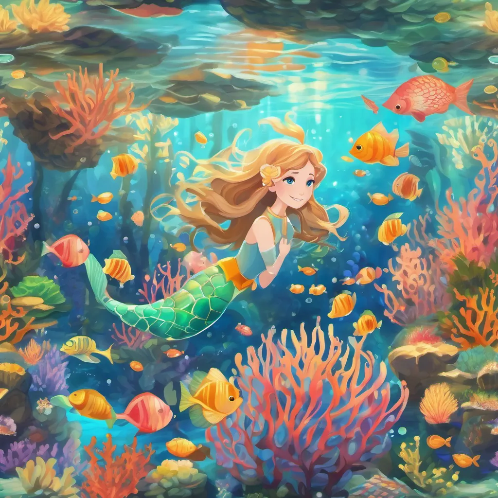 A vibrant underwater scene with colorful coral, schools of fish, and a mermaid with golden hair and sparkling blue eyes, embodying a whimsical and magical underwater kingdom.