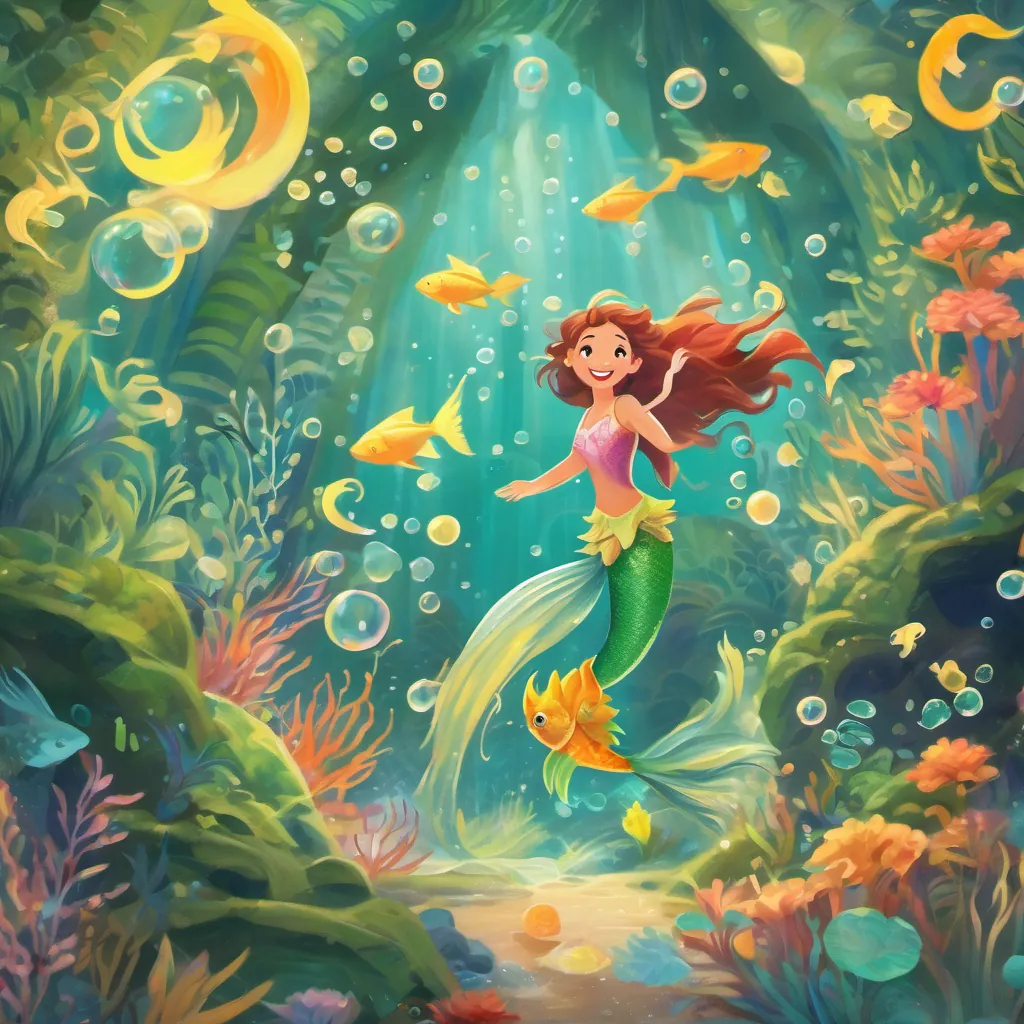 A joyful mermaid and her seahorse friend frolicking through a forest of swaying kelp, with bubbles and small fish surrounding them, radiating happiness and adventure.