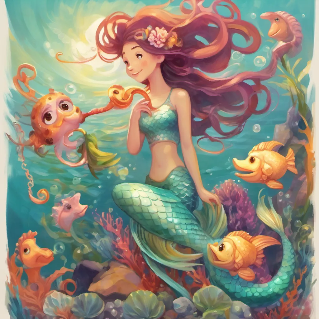 The mermaid and her seahorse working together to untangle the octopus's tentacles, filled with laughter and lightness in a vibrant sea setting, emphasizing teamwork.