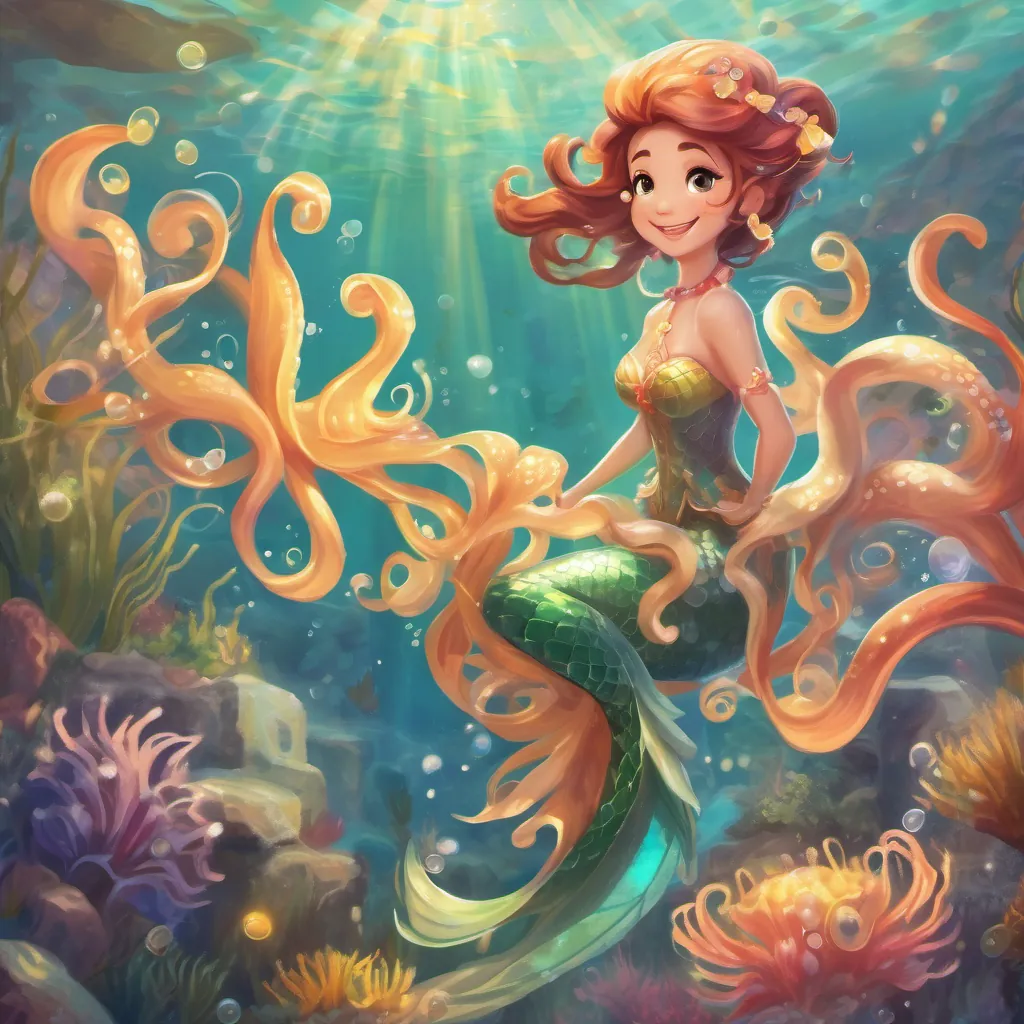 A cheerful, smiling mermaid exuding positivity and determination, with the octopus starting to look hopeful against a sparkling underwater background.