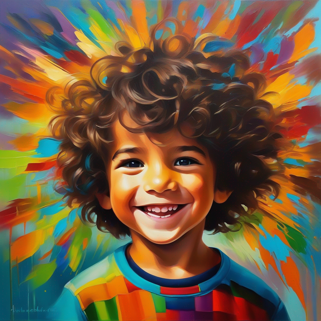 Un niño curioso con cabello marrón, sonrisa amigable y ojos brillantes. y Letras distorsionadas de colores alegres que forman el abecedario. son inseparables, colores vibrantes.