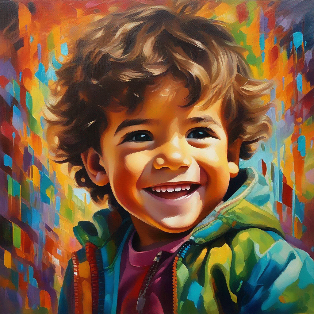 Un niño curioso con cabello marrón, sonrisa amigable y ojos brillantes. y Letras distorsionadas de colores alegres que forman el abecedario. crecen juntos, colores suaves.