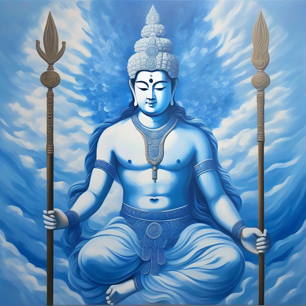 Serene blue and white colors surrounded Enlightened deity with ash-covered body and a trident.