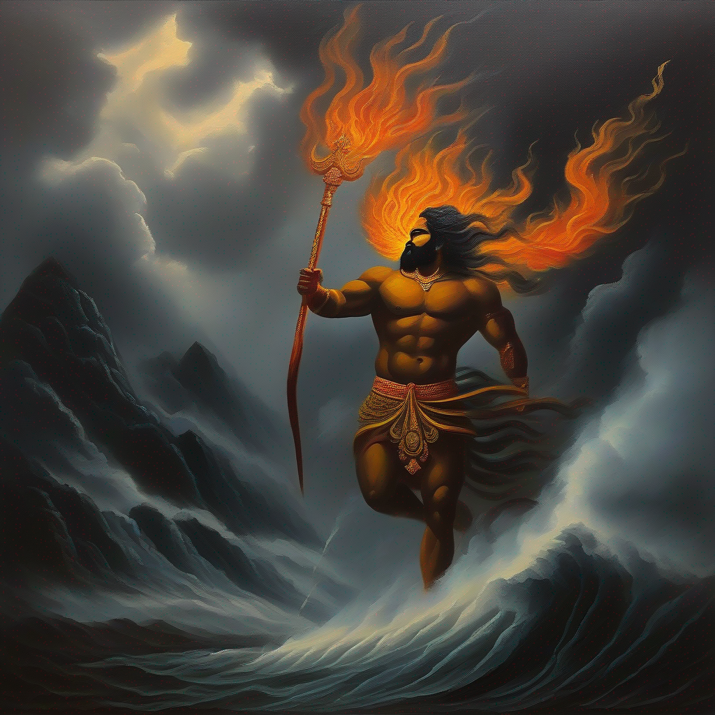 Enlightened deity with ash-covered body and a trident's Rudra Roop was fiery, with dark stormy clouds.