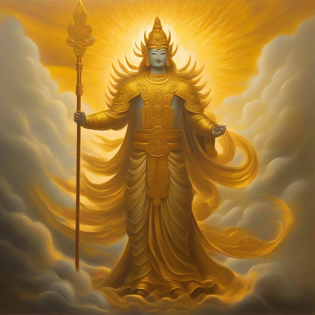 Enlightened deity with ash-covered body and a trident's peaceful form emanated a soothing golden glow.