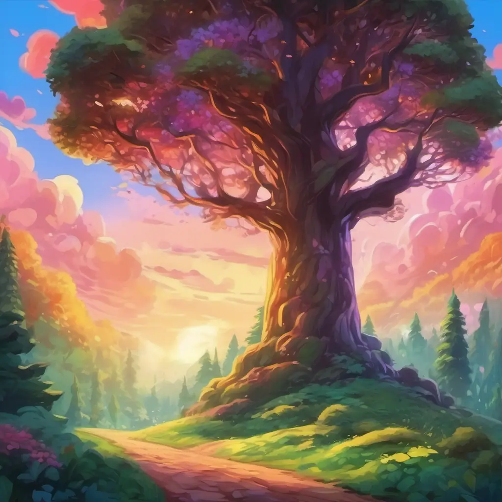 A beautiful forest with colorful sky, home to magical unicorns and Curly hair, brown eyes, playful and kind-hearted.