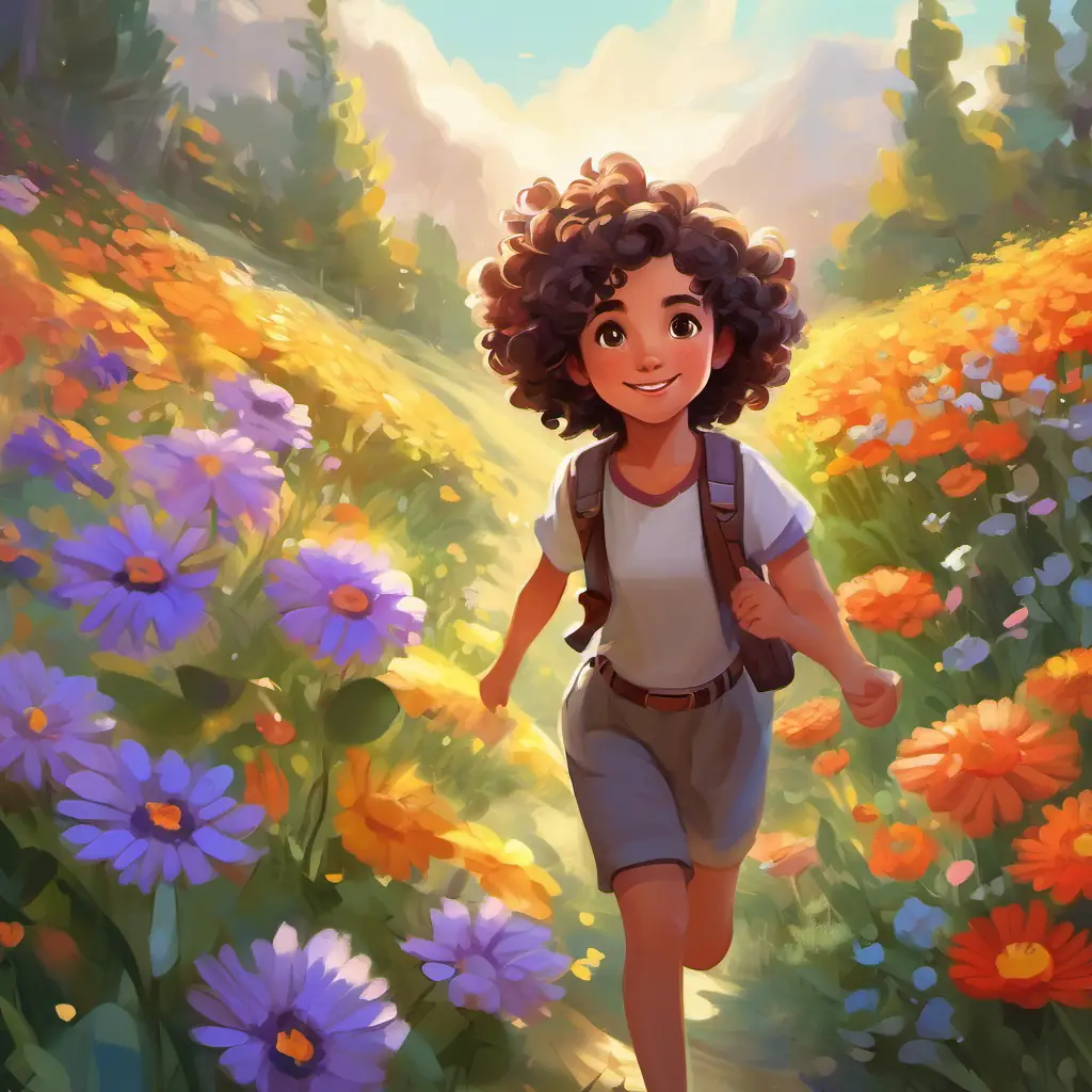 Girl named Curly hair, brown eyes, playful and kind-hearted who played and ran among colorful flowers.