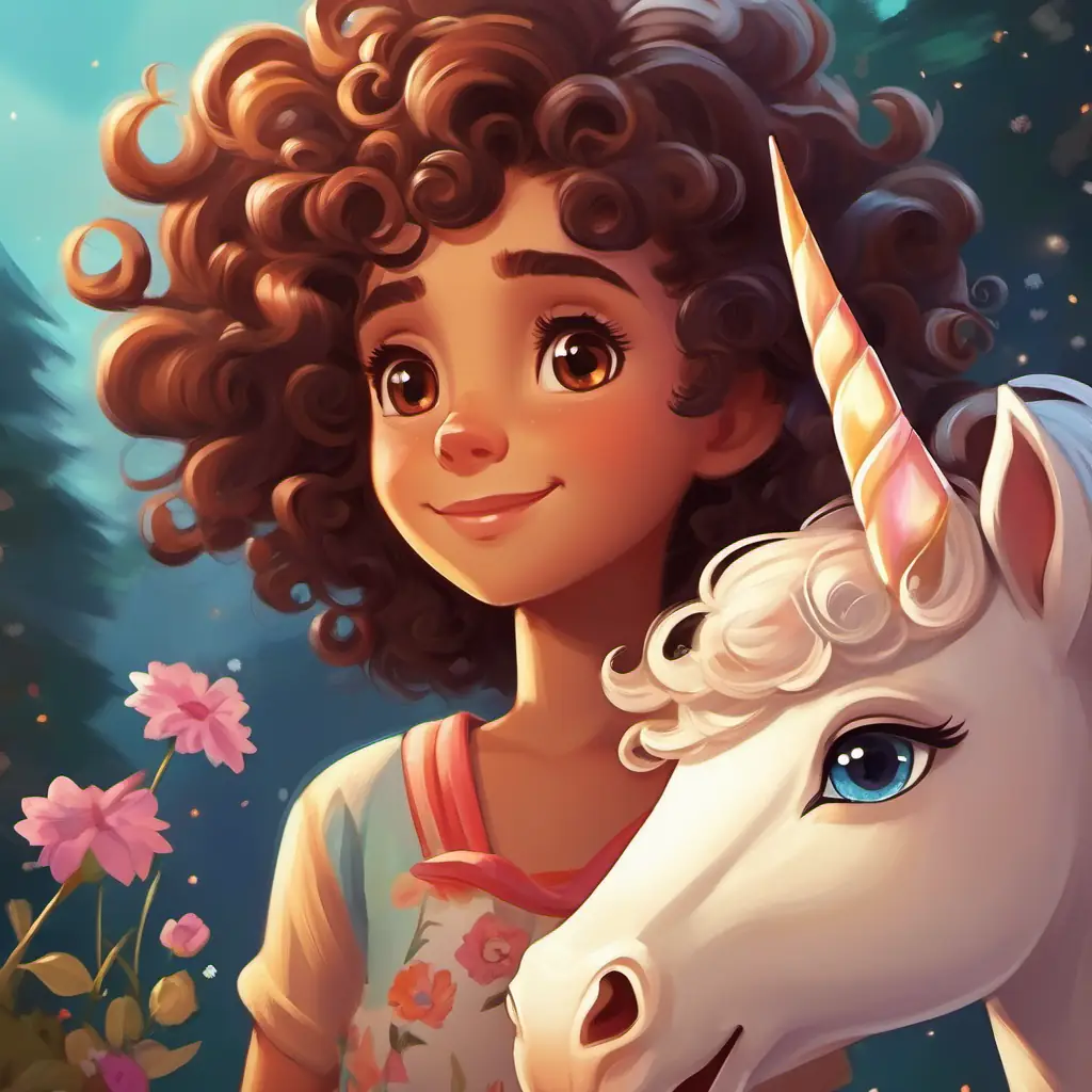 Curly hair, brown eyes, playful and kind-hearted's pure heart allowed her to become friends with the unicorns.