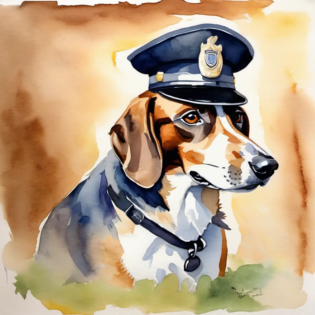 Introduction to Brown and white dog with determined brown eyes and a shiny police hat and his aspirations.
