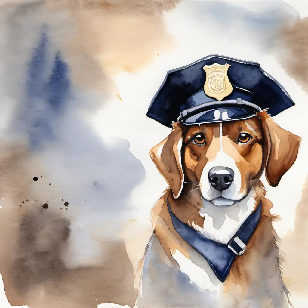 Brown and white dog with determined brown eyes and a shiny police hat's journey through police training and graduation.