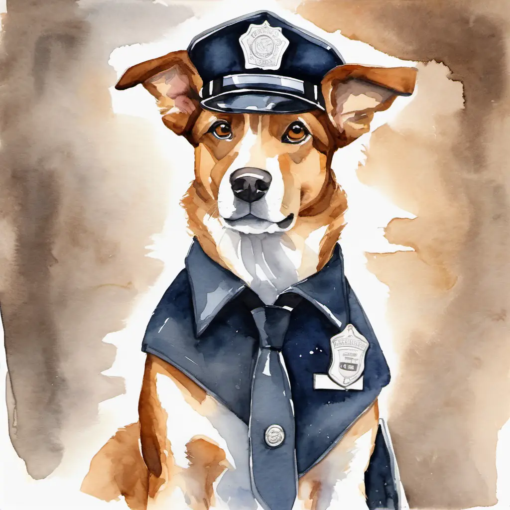 Brown and white dog with determined brown eyes and a shiny police hat's first day as a dog policeman, displaying kindness and patience.