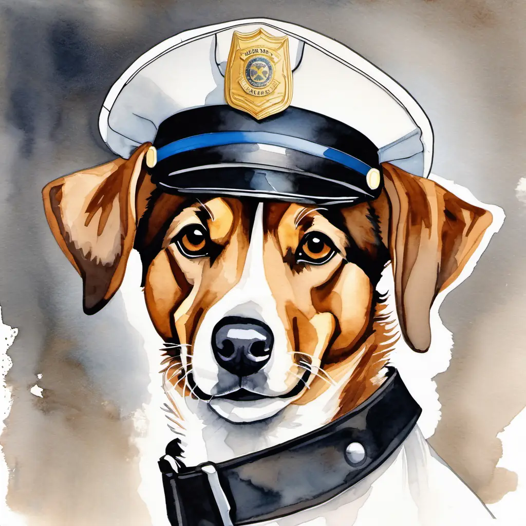 Brown and white dog with determined brown eyes and a shiny police hat's brave and compassionate acts as a dog policeman.