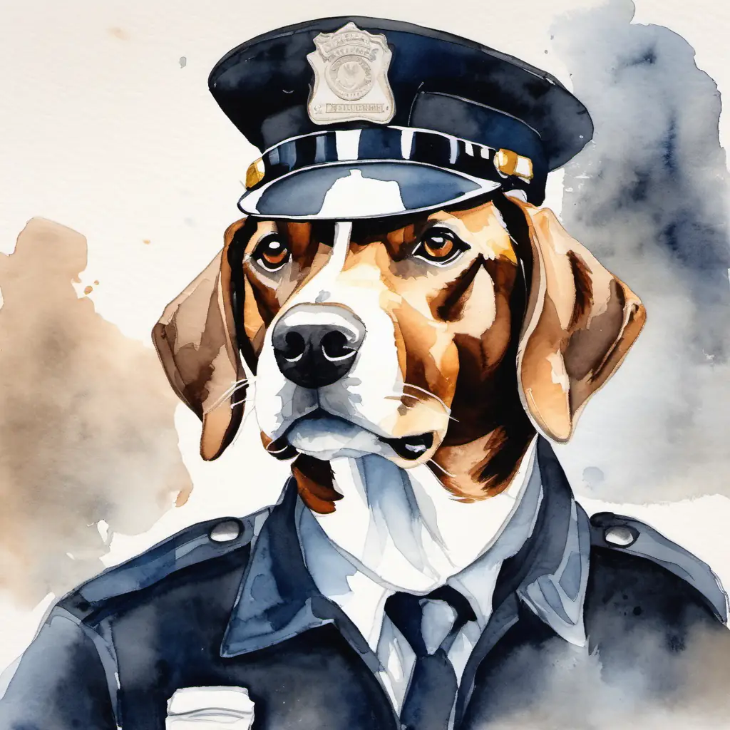 Brown and white dog with determined brown eyes and a shiny police hat's display of courage and quick thinking during a bank robbery.