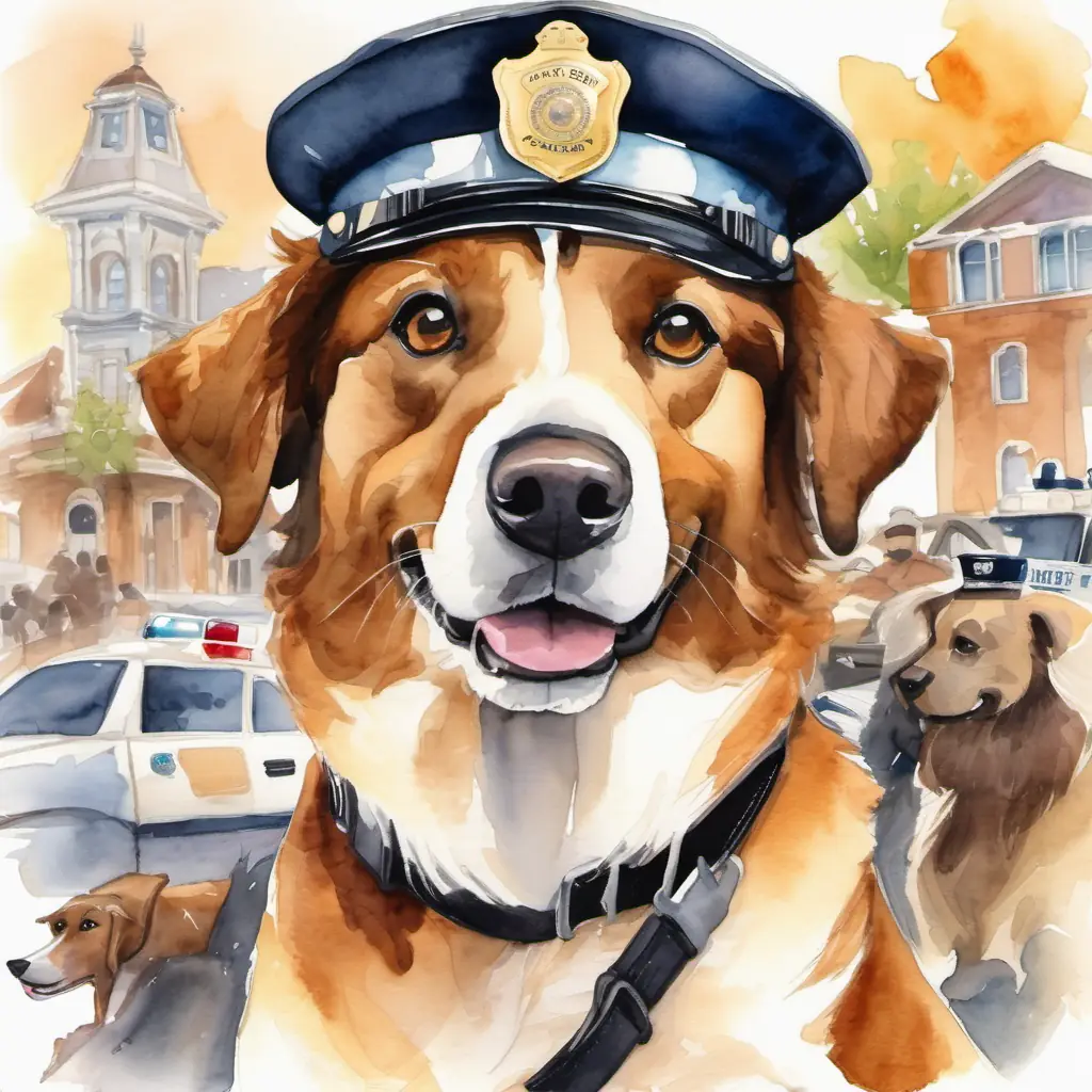 Brown and white dog with determined brown eyes and a shiny police hat's realization of his dream and the admiration of Diverse community of furry animals, smiling and grateful.