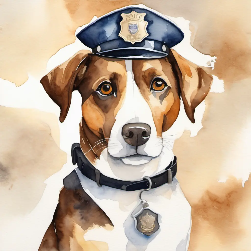 Brown and white dog with determined brown eyes and a shiny police hat's commitment to kindness, bravery, and service as a dog policeman.