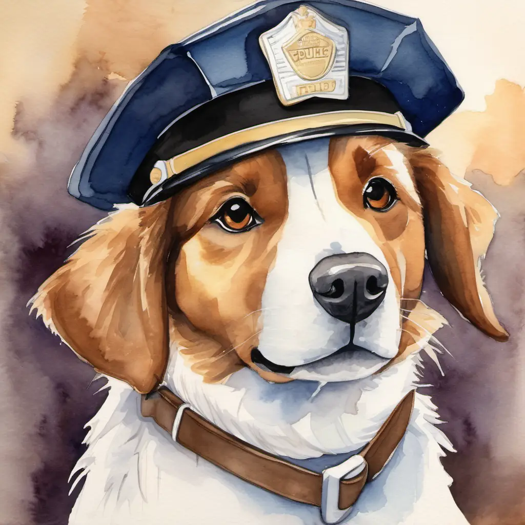Brown and white dog with determined brown eyes and a shiny police hat's ongoing adventures as a dog policeman, bringing hope and joy to Furryville.