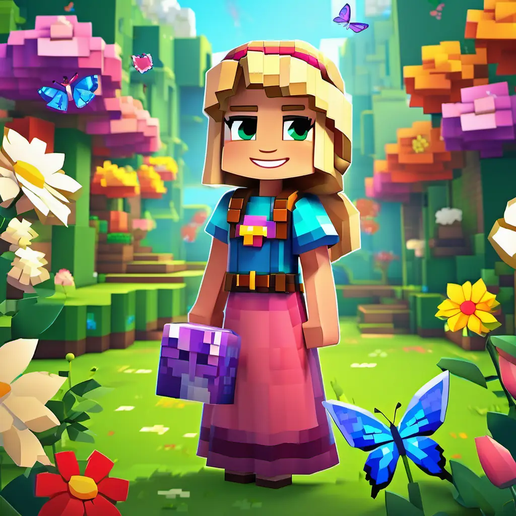 Astrid is standing in a colorful garden, surrounded by flowers and butterflies. She is wearing a pretty dress and smiling happily.