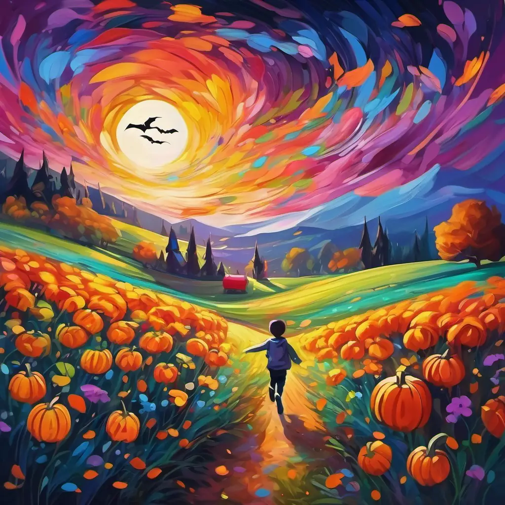 In a bright and flowery field, seven colorful bands of light are dancing and playing.