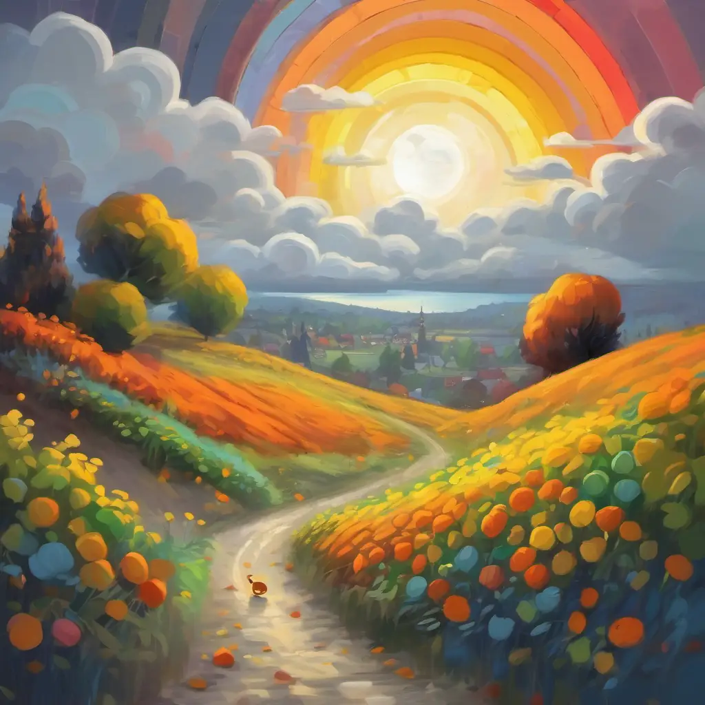 The gray sky turns bright as the rainbow band dances and sings, with the sun peeking out from behind the clouds.