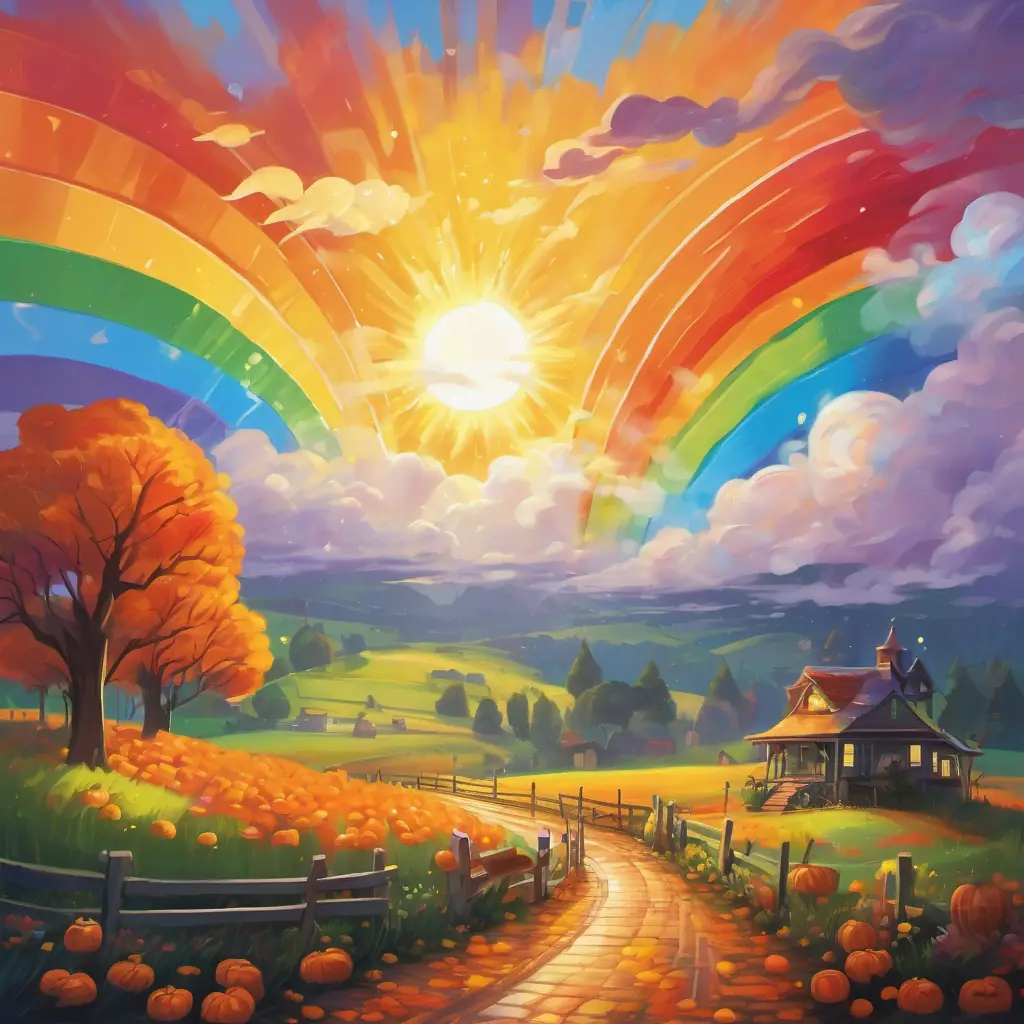 The sun's rays shine through the rain, and a beautiful rainbow appears, painted with the vibrant colors of the rainbow band.