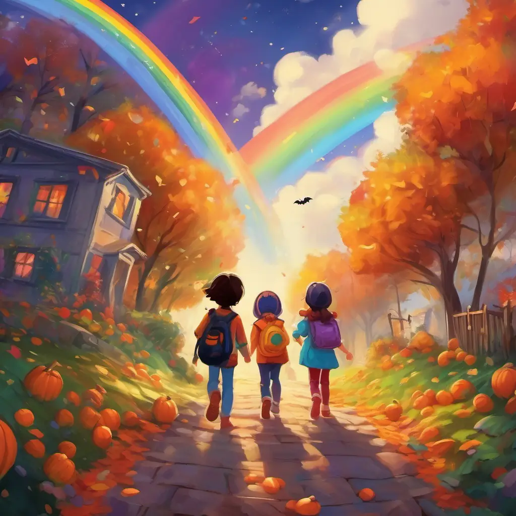 Children on the ground look up at the colorful rainbow with joy and excitement, as they join in on the fun.