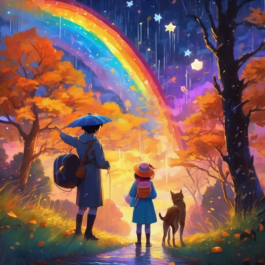 The rainbow band says goodnight as the stars appear, promising to return after the rain for more colorful adventures.