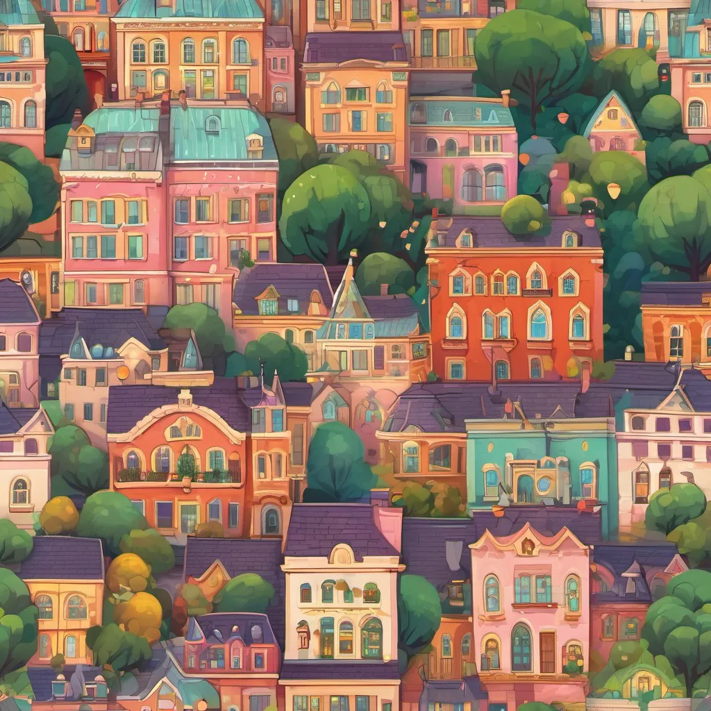 A whimsical town with candy-colored skies, trees with giggles as leaves, and laughter personified in the air. A worried A compassionate mayor with a warm smile and bright, colorful attire, symbolizing cheerfulness and understanding, the mayor, observes dark, shadowy whispers.