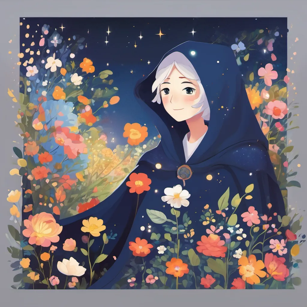 A giggle-garden full of colorful flowers with sprinkles. A sprite named A sprite wearing a midnight blue cloak with twinkling eyes, embodying both somberness and charm stands in a dark blue cloak, his eyes twinkling like stars, expressing his emotion with a gentle demeanor.