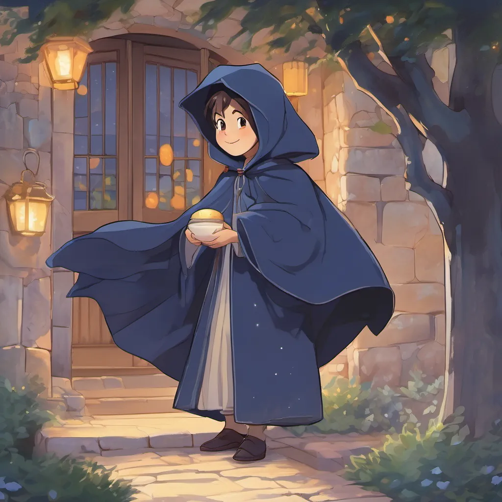 A sprite wearing a midnight blue cloak with twinkling eyes, embodying both somberness and charm contently fitting into Tickletown, surrounded by a harmonious blend of laughs and whispers, symbolizing the balance of emotions.