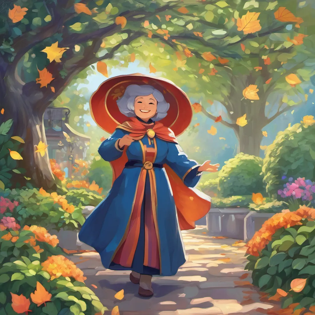 Mayor A compassionate mayor with a warm smile and bright, colorful attire, symbolizing cheerfulness and understanding smiling warmly at A sprite wearing a midnight blue cloak with twinkling eyes, embodying both somberness and charm, surrounded by the colorful foliage of the giggle-garden. Her expression is filled with compassion and curiosity.