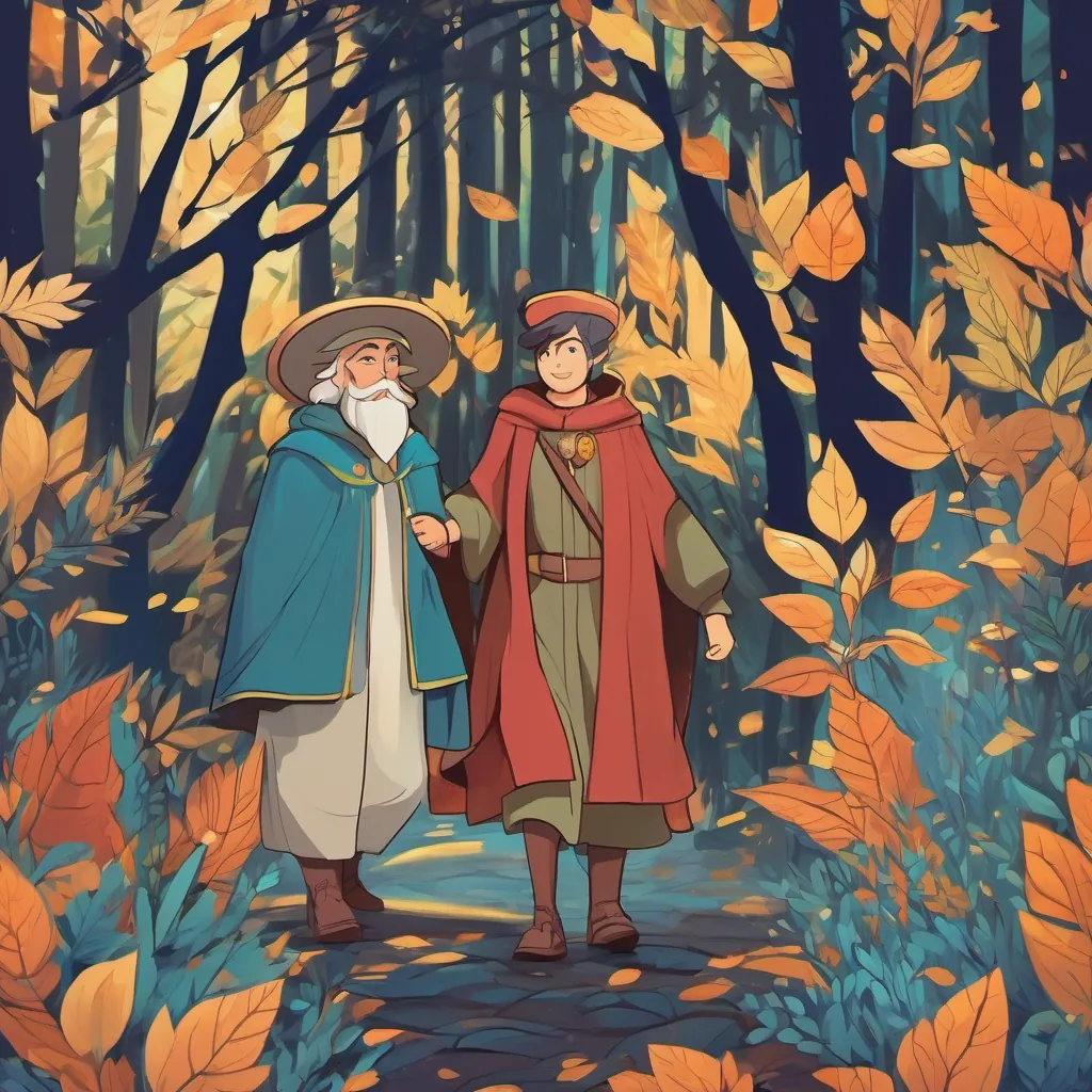 The duo walking through the Whispering Woods, with trees and leaves whispering ancient secrets and stories. A compassionate mayor with a warm smile and bright, colorful attire, symbolizing cheerfulness and understanding and A sprite wearing a midnight blue cloak with twinkling eyes, embodying both somberness and charm share a moment of understanding.