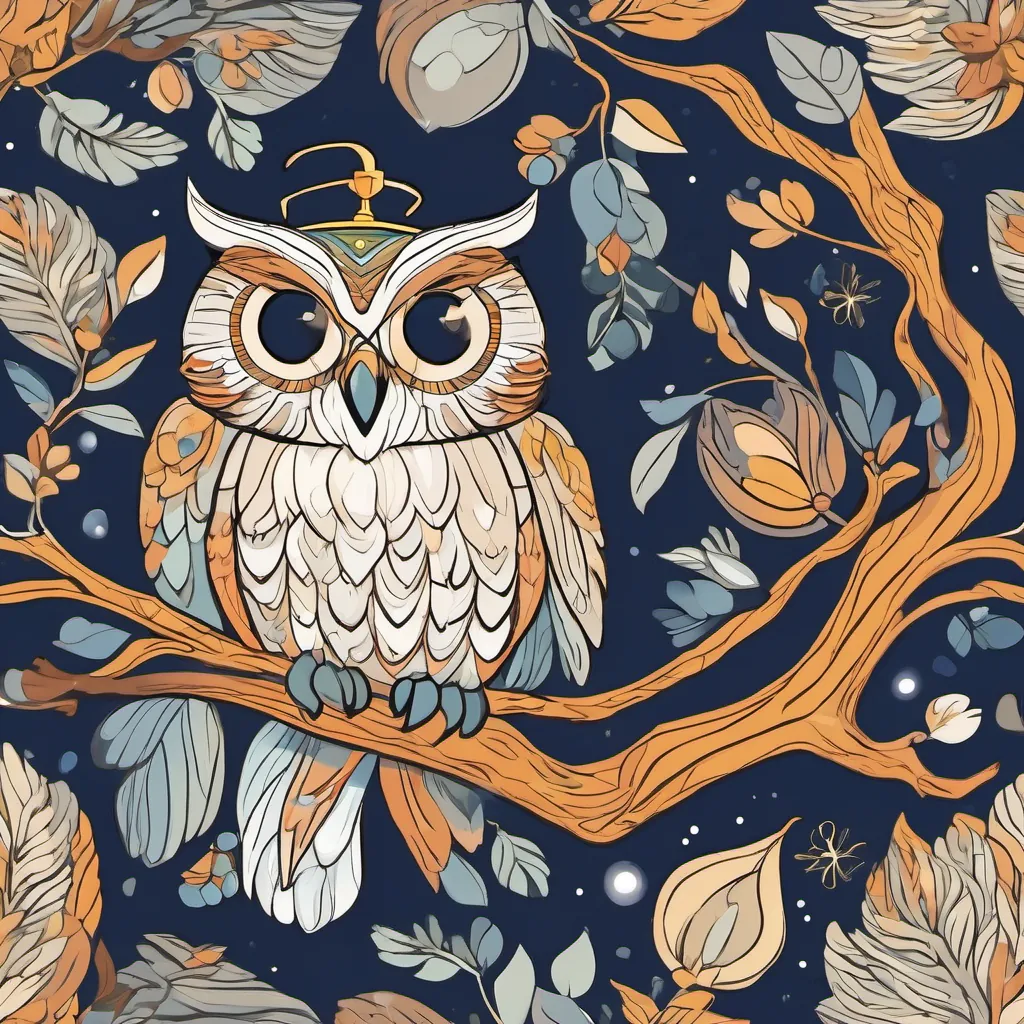 A wise old owl with gentle, wise eyes and an aura of wisdom, bringing comfort and advice to the characters the wise owl, swooping down with a reassuring presence, joining A compassionate mayor with a warm smile and bright, colorful attire, symbolizing cheerfulness and understanding and A sprite wearing a midnight blue cloak with twinkling eyes, embodying both somberness and charm with his comforting hoots.