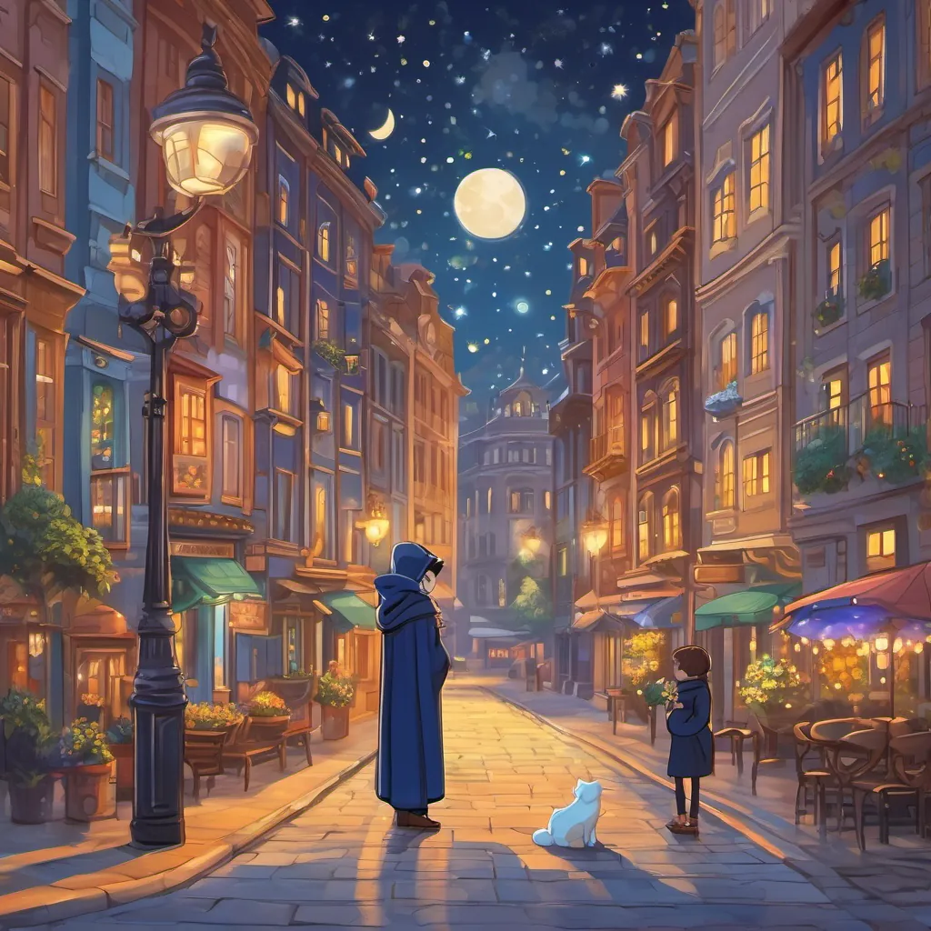 A sprite wearing a midnight blue cloak with twinkling eyes, embodying both somberness and charm’s eyes sparkling again, sharing a warm hug with A compassionate mayor with a warm smile and bright, colorful attire, symbolizing cheerfulness and understanding under the soft glow of moonlight. Both radiate understanding and empathy.