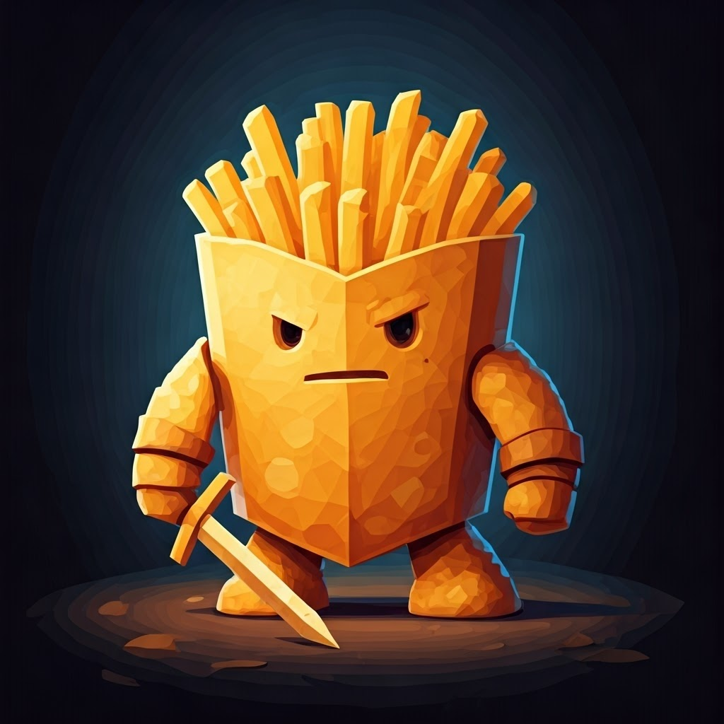 A cartoon knight made of potato chips with a french fry sword