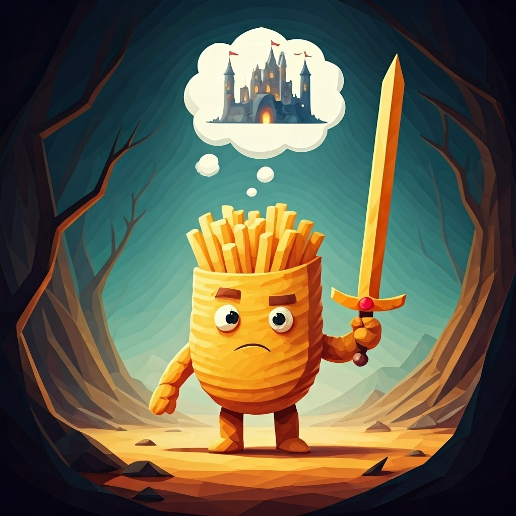 A cartoon knight made of potato chips with a french fry sword with a determined look on his face, dreaming of a castle