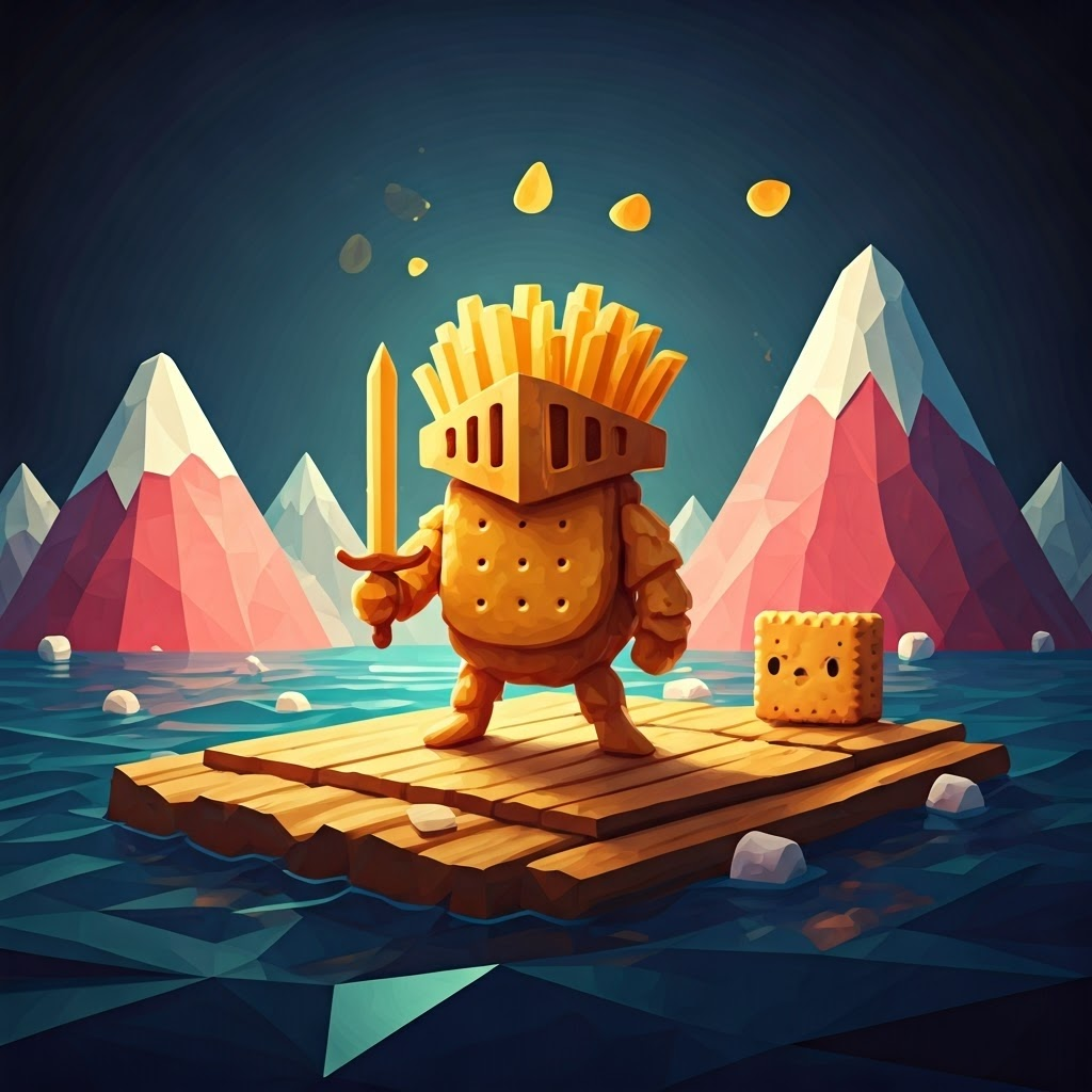 A cartoon knight made of potato chips with a french fry sword and the saltine cracker on a raft in a sea of punch, surrounded by marshmallow mountains