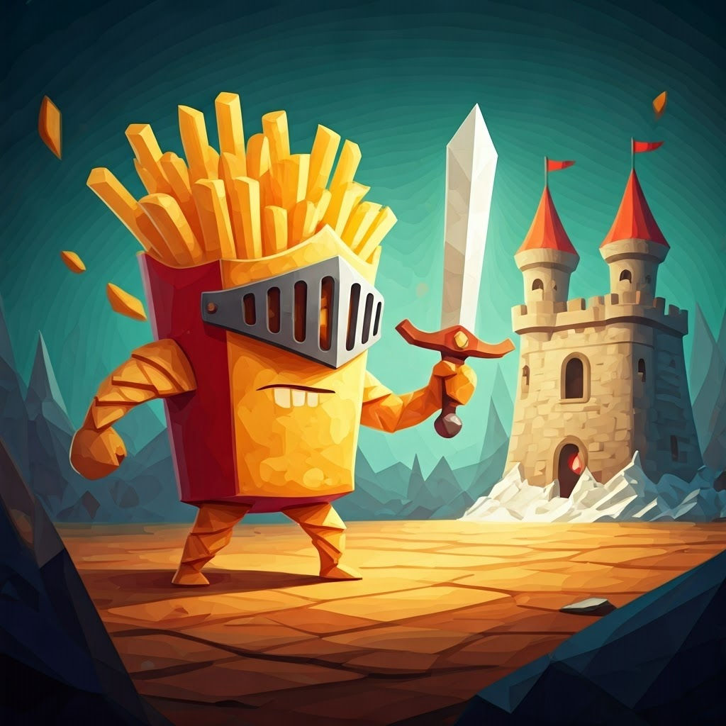 A cartoon knight made of potato chips with a french fry sword charging towards the sour cream castle, french fry foil pointed forward